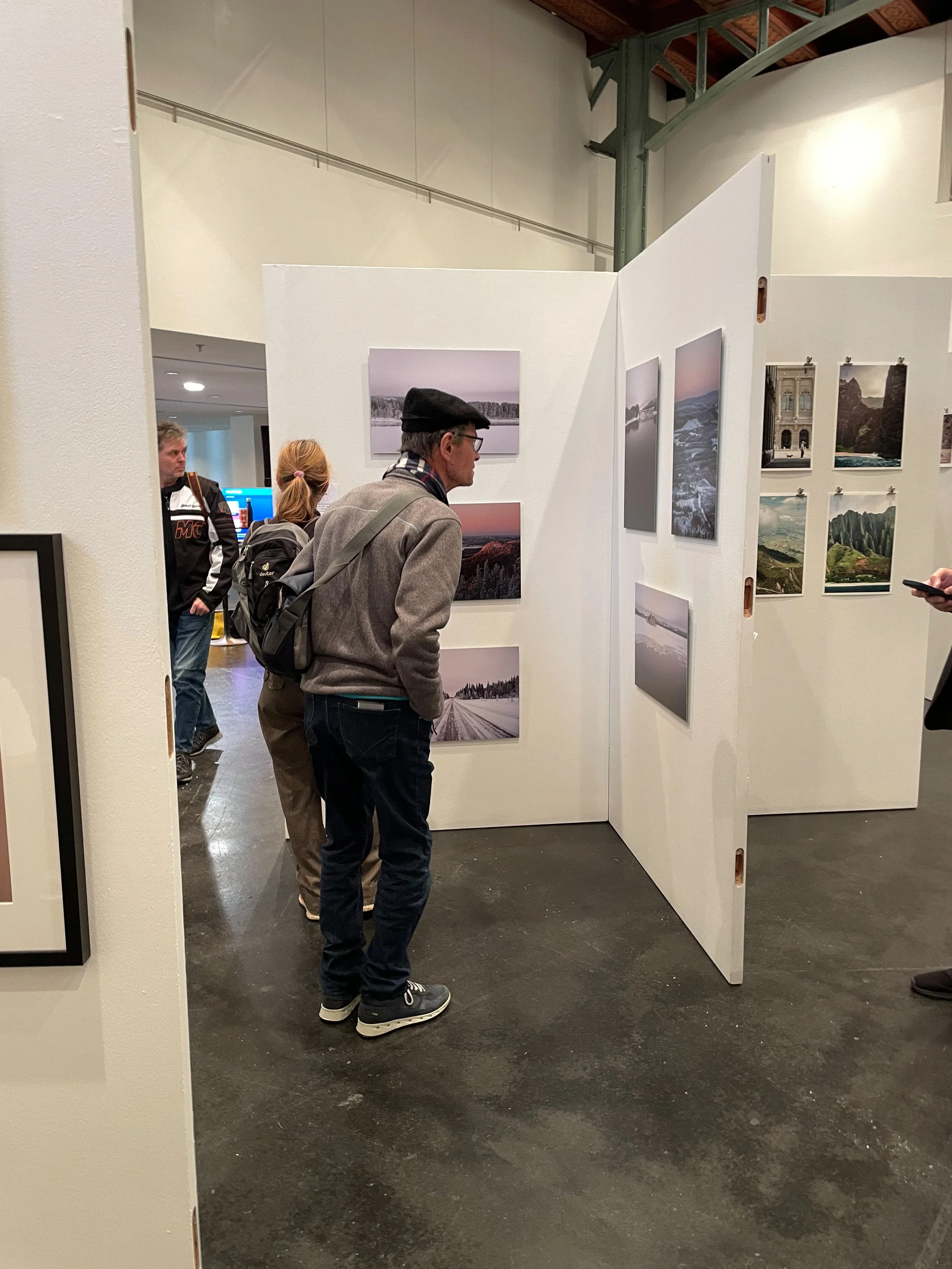 Zwei Männer betrachten fotografische Landschaftsbilder in einer Kunstgalerie.