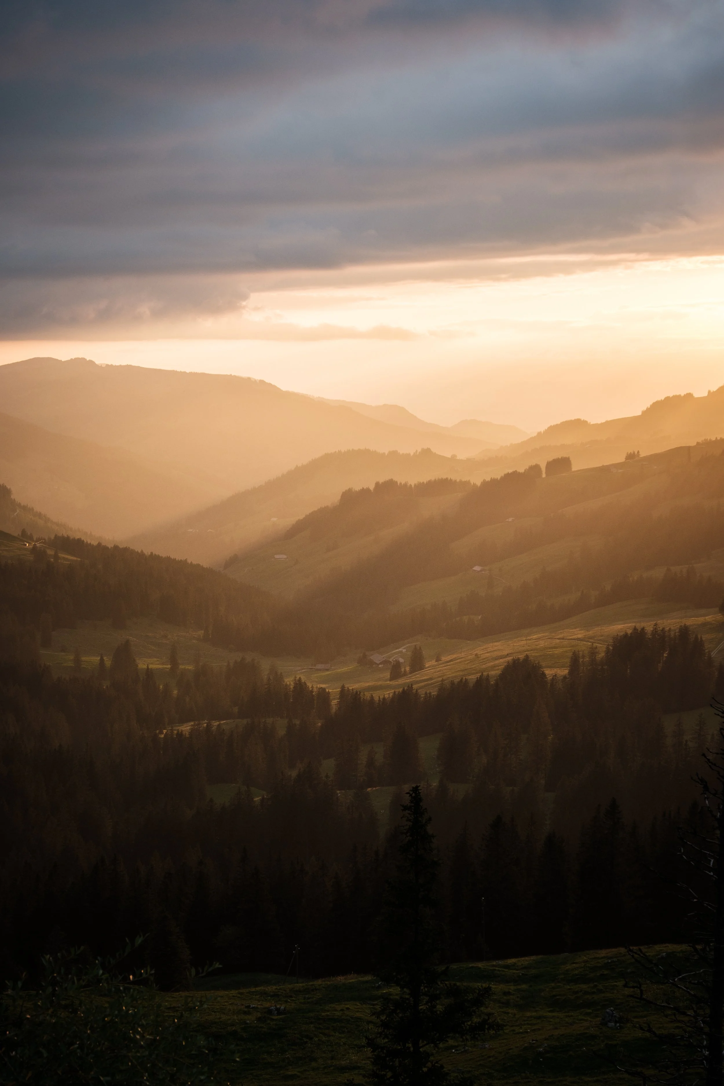 Landschaft mit bewölktem Himmel und Hügeln im Sonnenlicht, zahlreiche Bäume und kleine Häuser in einer bergigen Region.