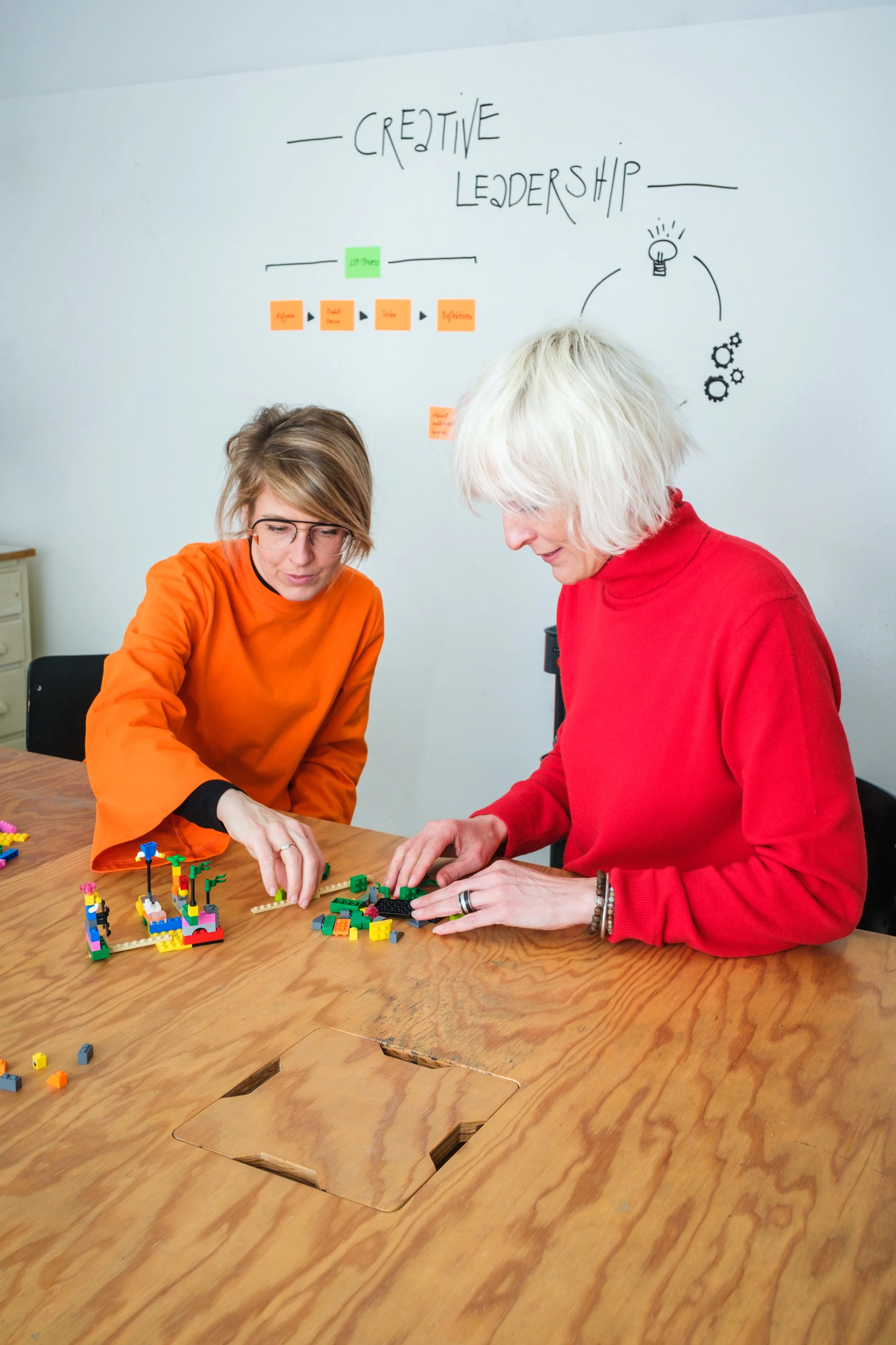 Zwei Frauen bauen mit LEGO-Steinen an einem Tisch, im Hintergrund eine Whiteboardwand mit Skizzen und Post-its zum Thema kreative Führung.